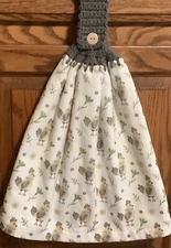 Double hanging kitchen towel  rooster chicken farm crocheted gray  top