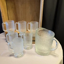 NEW Rare 7 piece Indiana Glass Crystal Ice Pitcher & Mugs Crystal Ice w/box