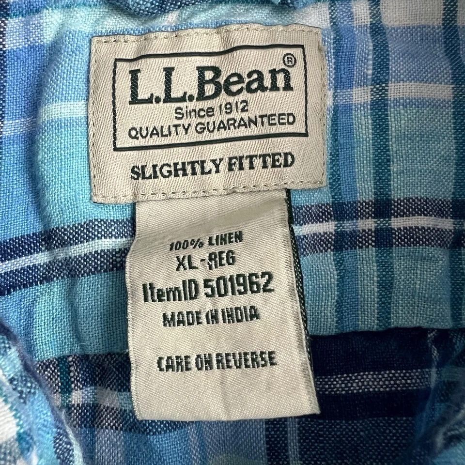 L.L. Bean Mens XL Blue Plaid Linen Short Sleeve Button Up Shirt - Image 4 of 4