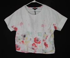 New Charlie 100% Linen Watercolor Floral Boxy Top Short Sleeve Size M Lagenlook