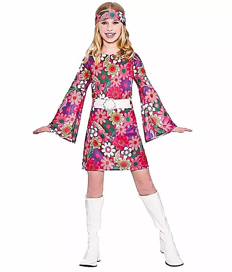 Child RETRO GIRL Flower Power Dress 60s 70s Fancy Dress Costume