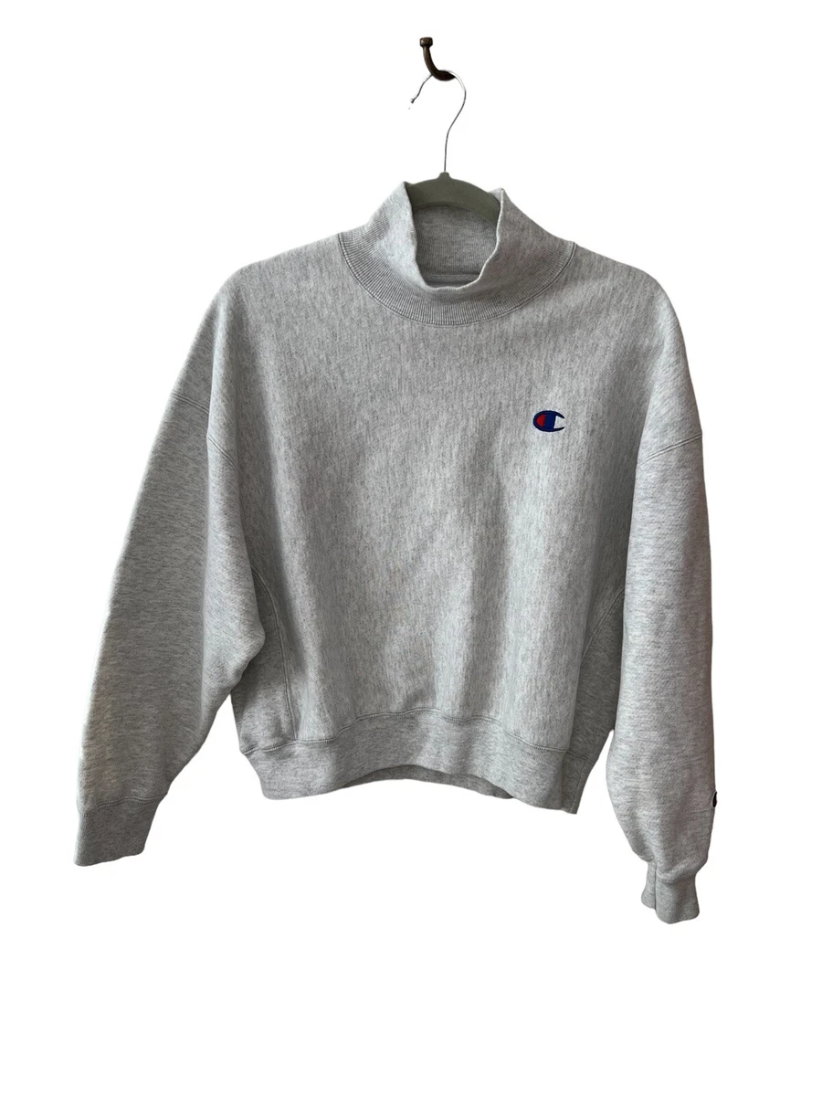 Champion Light Gray Logo Reverse Weave Cropped Mock Neck Pullover Sweatshirt S