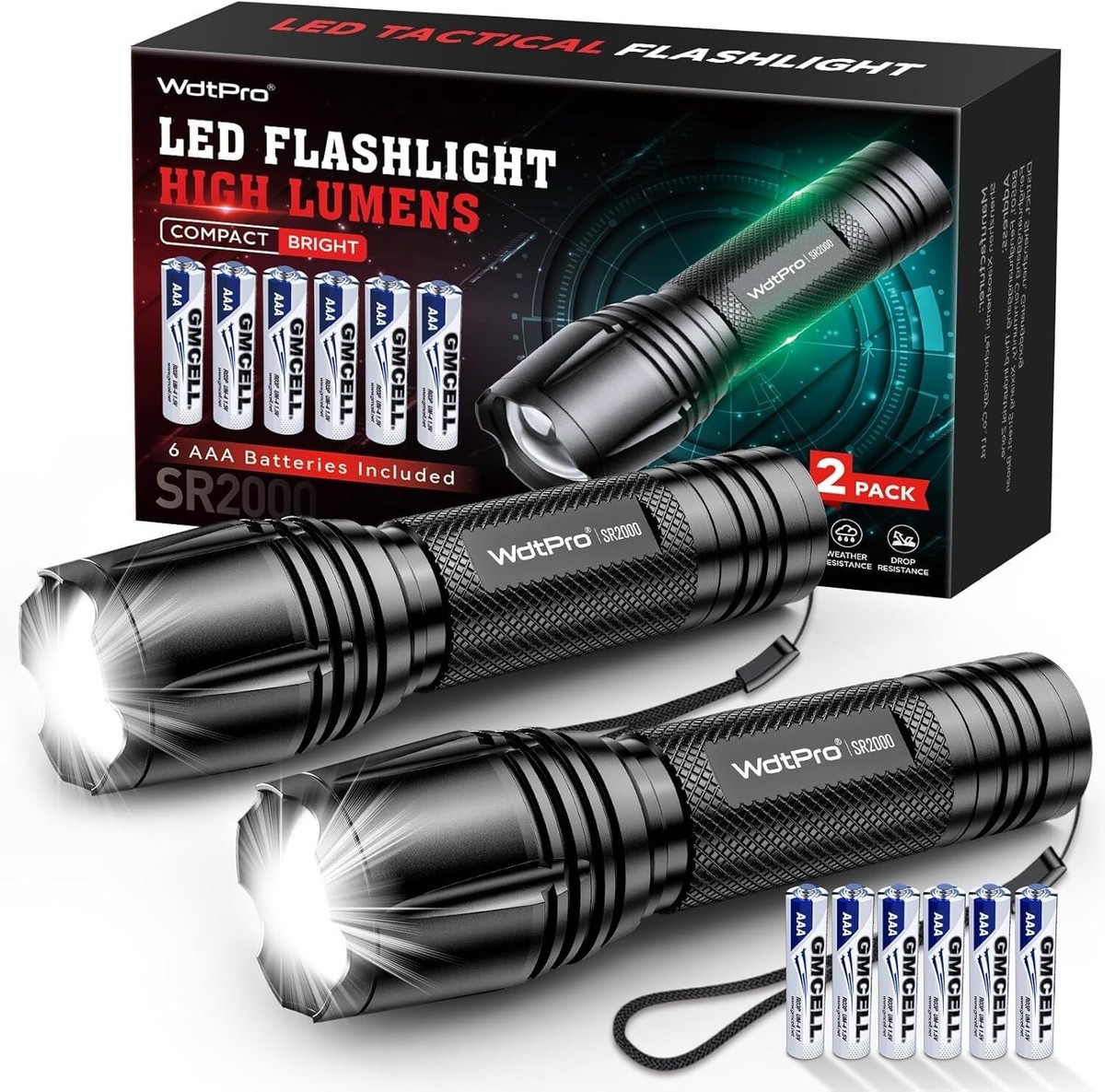 WdtPro Rechargeable Tactical Flashlight - 3 Mode LED Flashlight With Type-C Charging, IP65 Waterproof, Brown