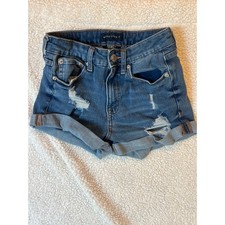 Aeropostale High Rise Curvy Midi Denim Shorts Distressed Medium Wash Size 2
