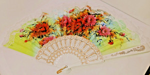 Folding Fan Hand Held Fabric & Lace Flower Design Vintage 10 inch closed 16 open