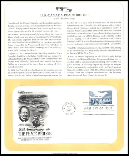 1977 Peace Bridge Sc 1721 FDC PCS panel 50th white dove Canada friendship