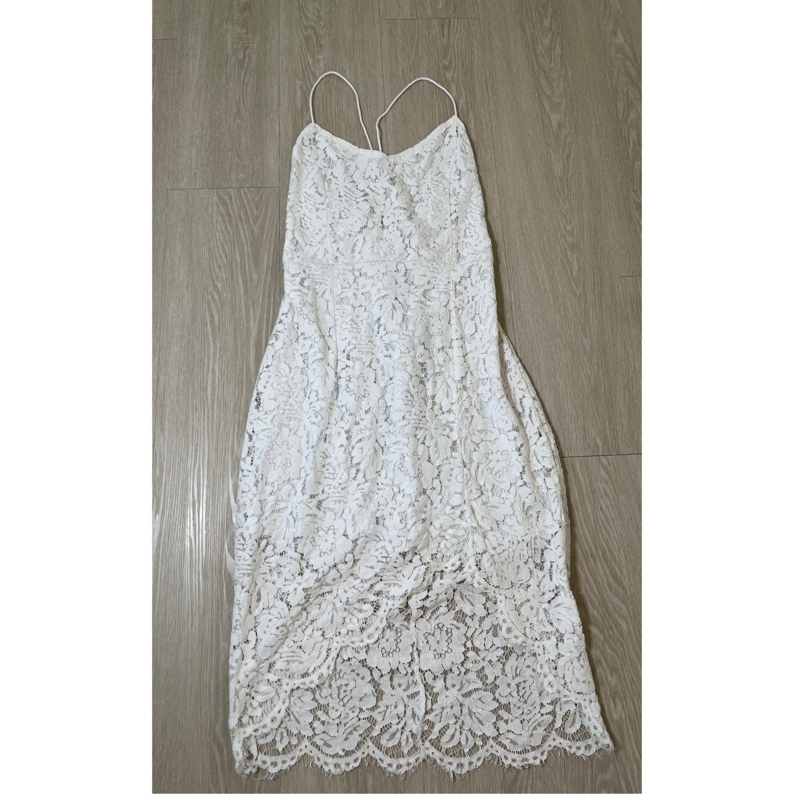 Boho Coastal Bride Bachelorette Reception Womens Midi Dress L Lace High Low Hem