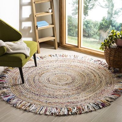 Handmade Cape Cod Round Area Rug - 7' Ivory & Beige, Boho Jute & Cotton