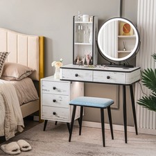 Vanity Table Set Lighted Mirror Makeup Dressing Desk w/Charging Station-White