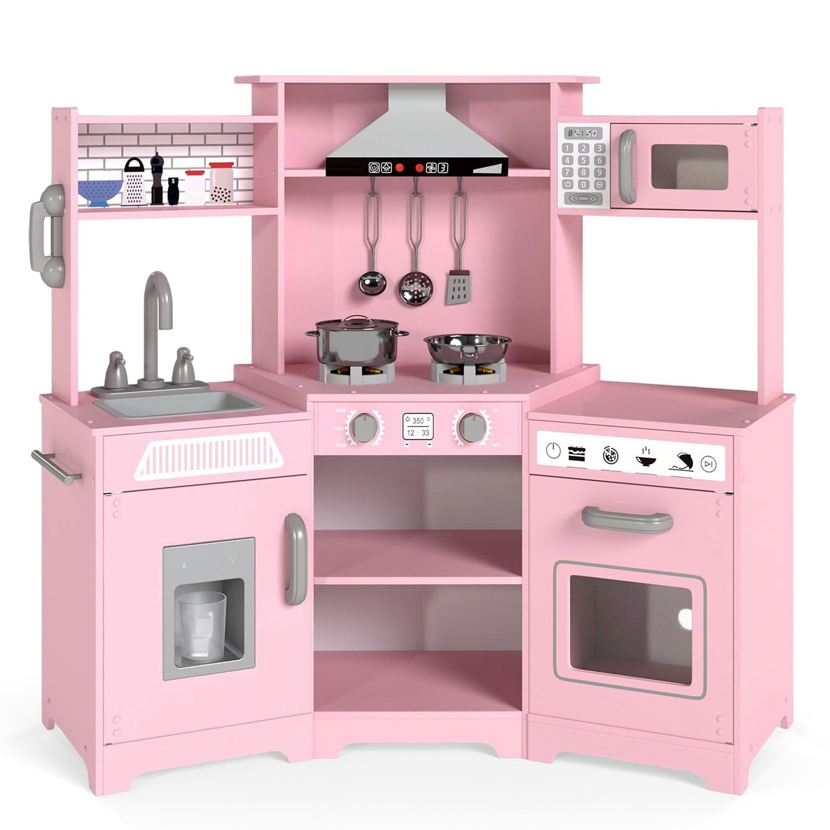 ビーズ装飾付きピンクドレス人形ロッキングチェア付き Kids Pretend Play Corner Kitchen Wooden Toy Set w/ Lights,Sounds