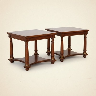 Pair Neoclassical Wood End Side Tables 16''T 18'' Square Gold Ring Column Regency