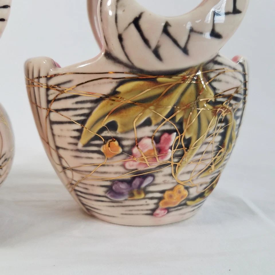 Juego Hull Pottery Blossom Flite 1955 olla de miel T1 cesta con mango T2 oro rosa 6" Foto 3 de 4