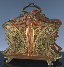 STUNNING ANTIQUE ART NOUVEAU MAIDEN FIGURAL ENAMEL CAST BRASS LETTER RACK HOLDER