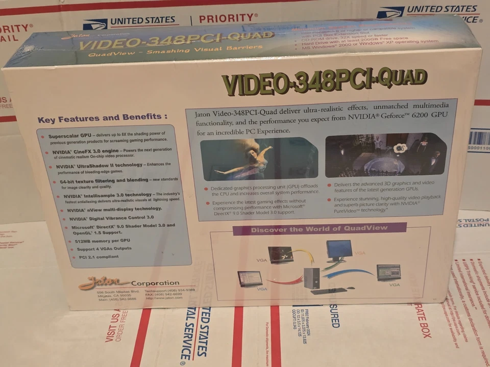 Jaton VIDEO-348PCI-Quad GeForce 6200 PCI 1GB 4×VGA QuadView GPU NEW Sealed - Image 2 of 4