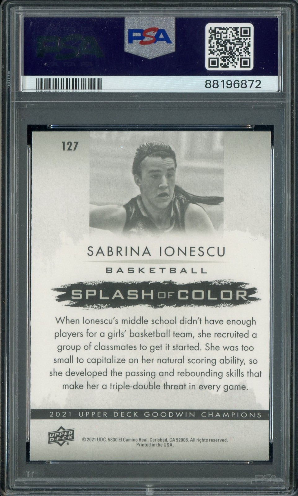 2021 UD Goodwin Champs Splash Of Color #127 Sabrina Ionescu PSA 10 GEM MINT view 2