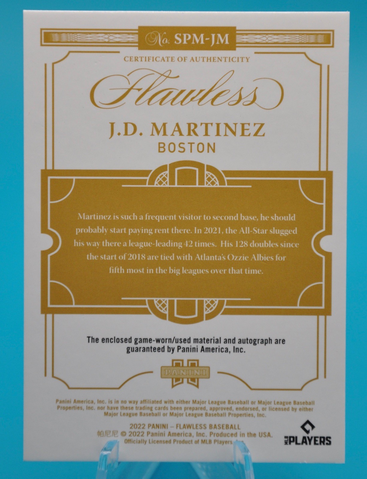 2022 Panini  Flawless JD Martinez Signature Prime Materials Auto Sapphire 1/7 SP view 2