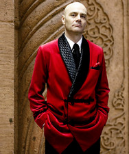 Mens Red Velvet Smoking Jacket Gentleman Quilted Blazer Lounging Evening Coat