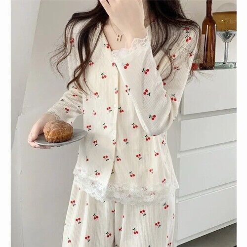 Neu Loungewear Pyjama Damen V-Ausschnitt Langarm Hose Set Spitze Baumwolle Nachtwäsche - Bild 13 von 20