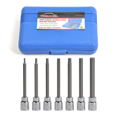 7Pc Extra Long Allen Hex Bit Socket Set 3/8'' Dr,  Metric 3-10mm, S2 & Cr-V Steel