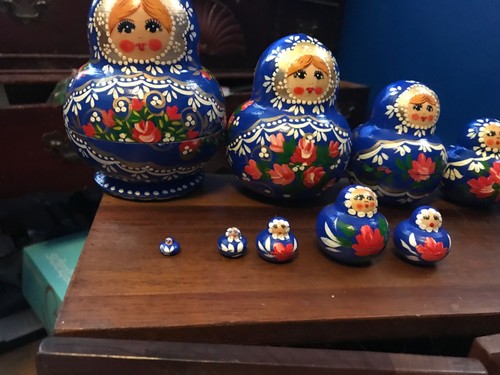 Blue Nesting Dolls, 6-inch Matryoshka Stacking Doll, Russian Handmade, 10 pc - Picture 2 of 7
