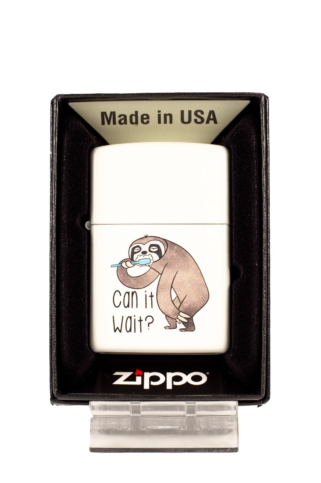 Can It Wait? Tired Sloth Brushing Teeth - White Matte Zippo Lighter