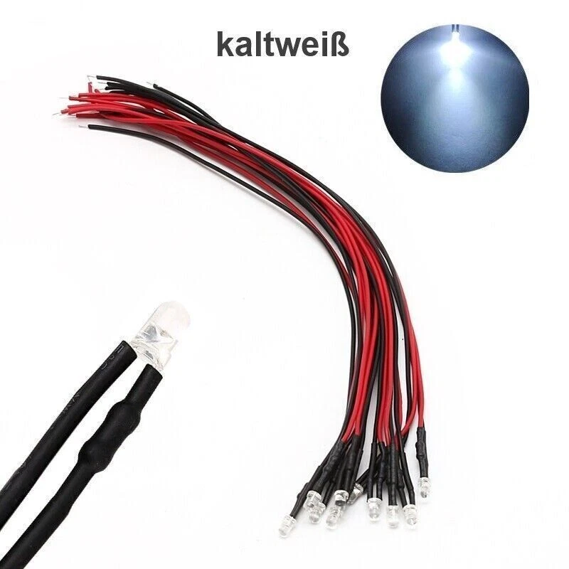 LED 3mm warmweiß kalt weiß 12V 14 16 19V mit Widerstand Kabel angelötet 10 Stück - Bild 4 von 4