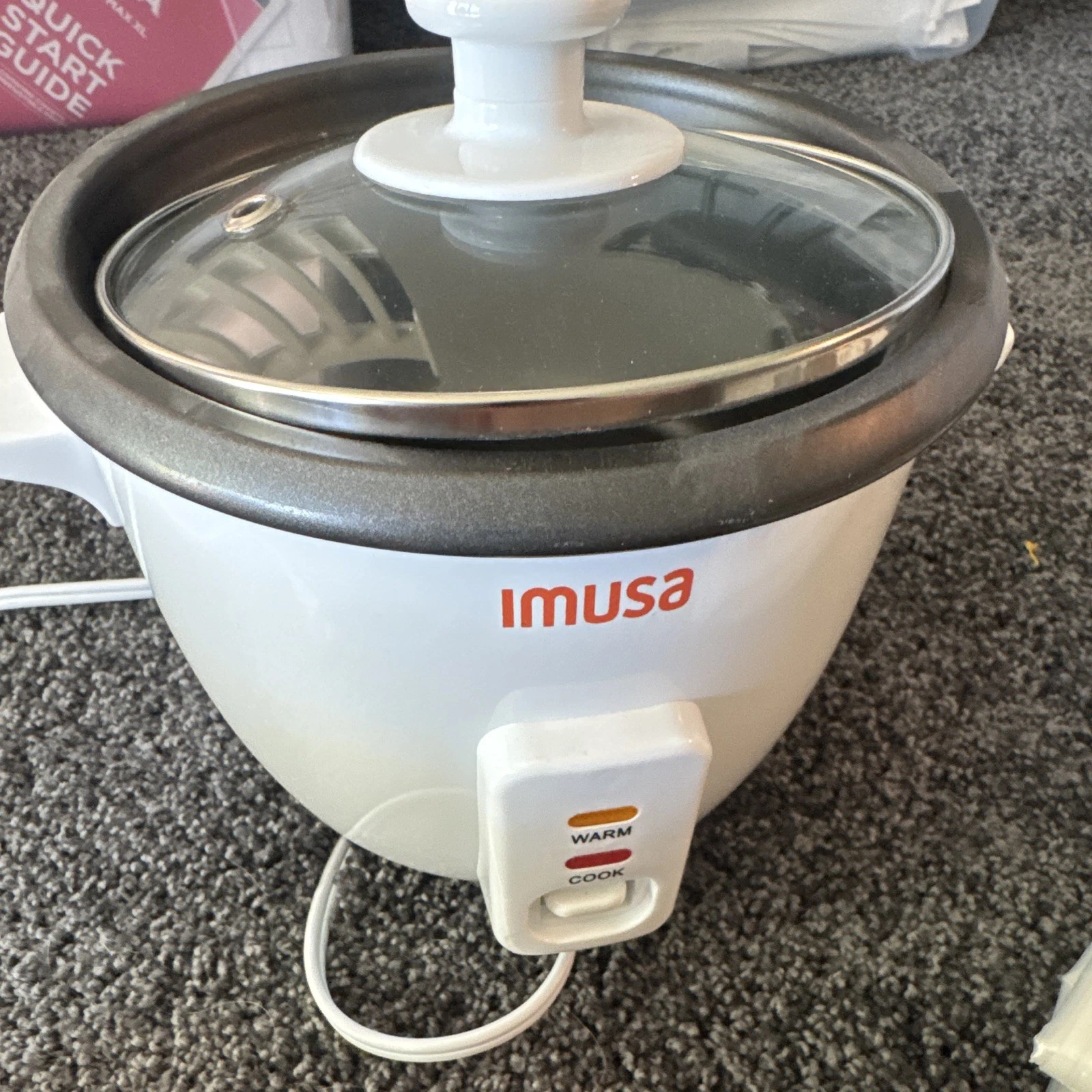 Imusa Electric Rice Cooker 3-Cup White/Black w/ Glass Lid Warm/Cook Switch