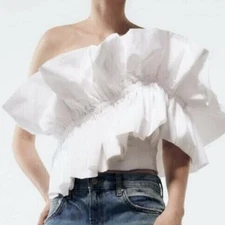 Zara Women's White Poplin Ruffle Top Large One Shoulder Tiered NWT