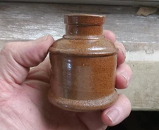 1880s ROUND STONEWARE INK BOTTLE WITH RINGS & SQUARE RING COLLAR
