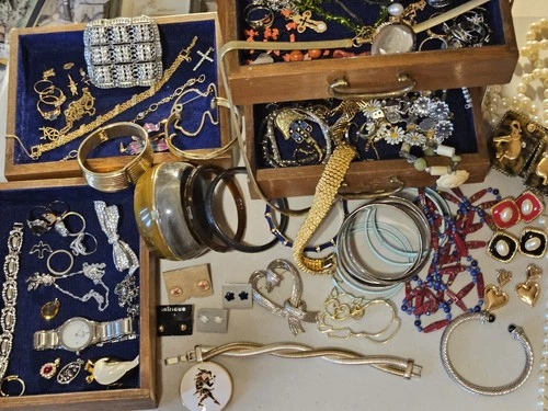 Vintage  Costume Jewelry Lot  with box over 60 Pieces.  Brooches Rings and more!