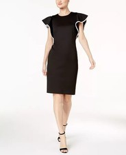 Calvin Klein Women's Black/White  Piped Ruffle Sheath Career Cocktail Dress Sz 4