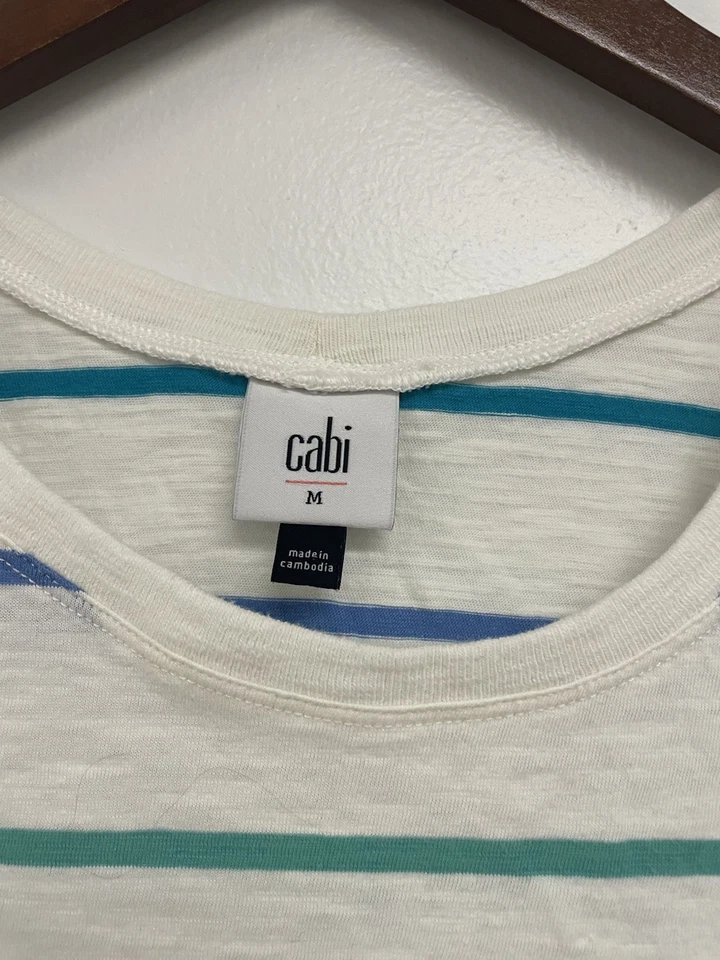 Blusa sin mangas CABI #6140 tejida a rayas verdes sin mangas cola talla mediana Foto 2 de 4