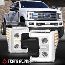 Fits 2017-2019 Ford F250 F350 {DUAL LED E-BAR}Chrome/Amber Projector Headlight