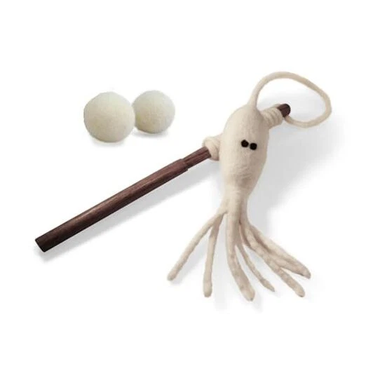Wool Cat Toys - Felted Wool White Octopus Squid Fish Wand Toy Plus 2 Felt Ball
