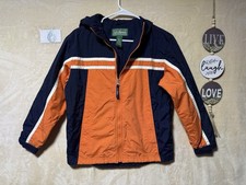 LL Bean Orange Navy Lightweight Rain Hooded Jacket Kids 10/12 M