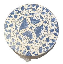 Jewelry Ceramic Round Container 4" White Blue Floral Lid Trinket Home Kitchen