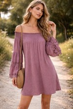 Lapis Boho Dress Women Medium Pink Knit Crochet Smocked Cottagecore Festival
