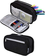 Large Pencil Case 3 Compartments Pen Marker Holder Stationery Organizer Black