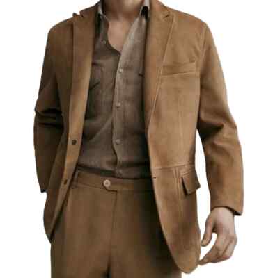 Soft Genuine Lambskin Formal Wear Men's Blazer Suede Brown Two-Button Handmade