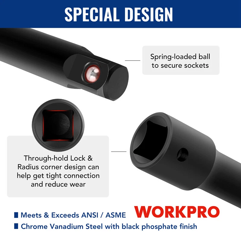 WORKPRO 18-PCS Drive Tool Accessory Set 1/4"&3/8"&1/2" Socket Adapter Extensions - Image 2 of 4
