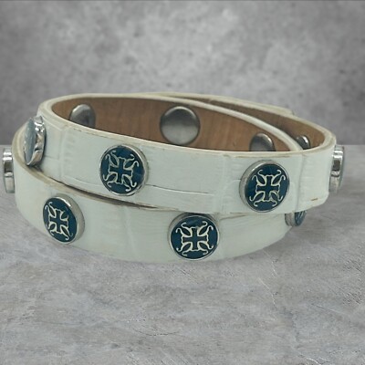 Rustic Cuff White Faux Croc Print Leather Silver Tone Peg Logo Bracelet 15'' USA