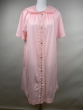 Vtg Miss Elaine Pink Pearl Snap Button House Dress Floral Trim Hostess Gown Robe