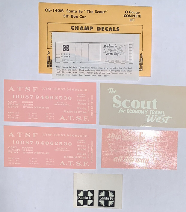 CHAMP O SCALE DECAL-SANTA FE/ATSF 50’ BOX CAR “THE SCOUT” w/MAP  - #OB-140M