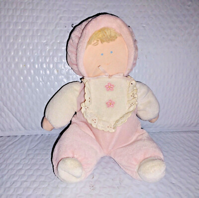 Vtg Eden Pink White Velour Blonde Soft Baby Doll Bonnet Bib