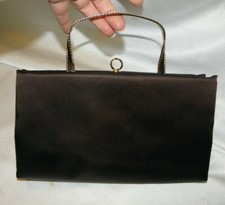 VINTAGE AFTER FIVE BROWN SATIN EVENING PURSE GOLD LINING STUNNING HANDLED CLUTCH