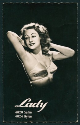 French 1950s Risque LADY Lingerie Advertising Photo Postcard SATIN BRA Close-Up