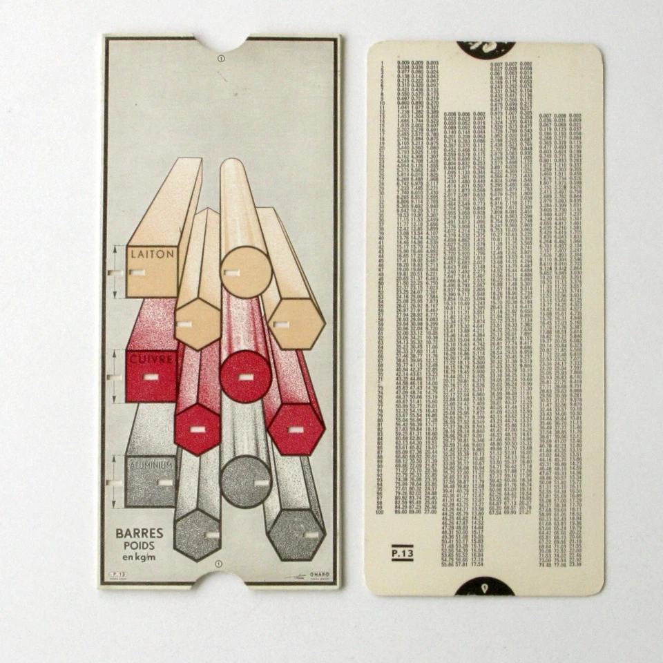 Ancienne Règle à Calcul -OMARO-P 13-BARRE POIDS en kg/m laiton cuivre aluminium - Photo 4/4
