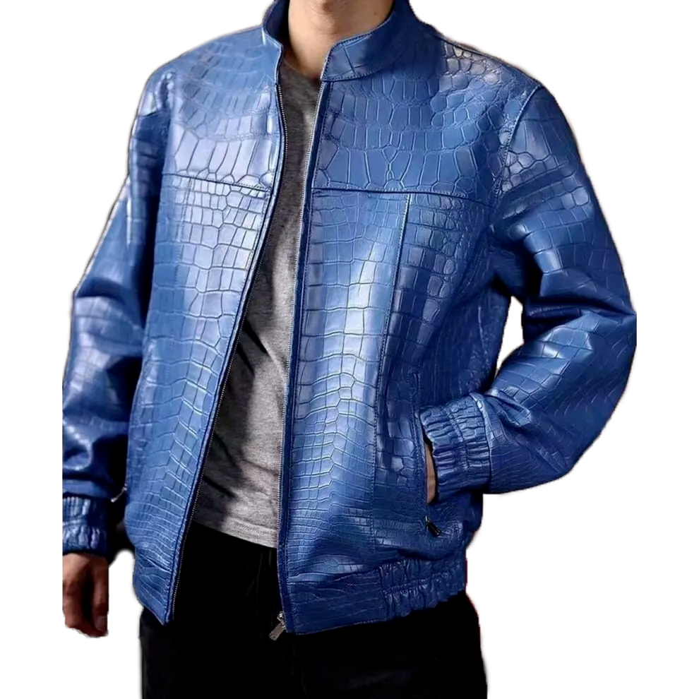 ジャケット・アウター Belvet Croc Embossed Leather Jacket Blue Bellizzi Blue Croco Embossed Bomber Motorcycle Real Luxury Leather