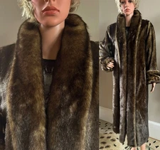 DENNIS BASSO FULL LENGTH BROWN FAUX FUR MINK LONG COAT w/ LEOPARD LINING S