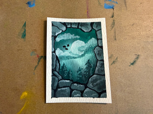 ACEO Original Gouache Painting Haunted Forest Moon Crows Spooky Miniature GBares